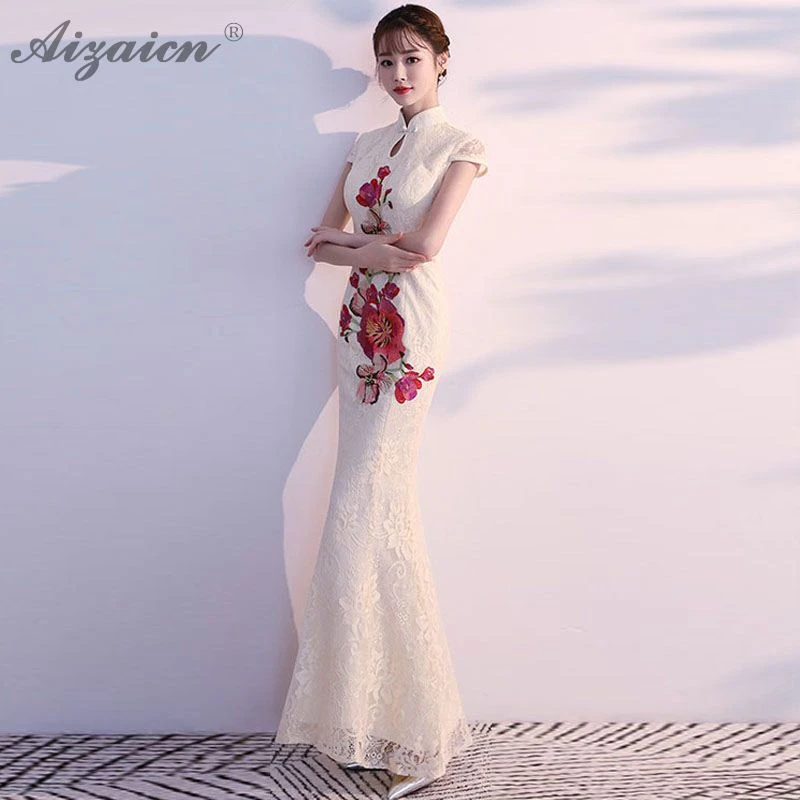 Современная Русалка Кружева Вышивка Cheongsam Китай длинные платья Qi Pao женщины традиционное китайское вечернее китайское платье-Ципао продвижение Халат
