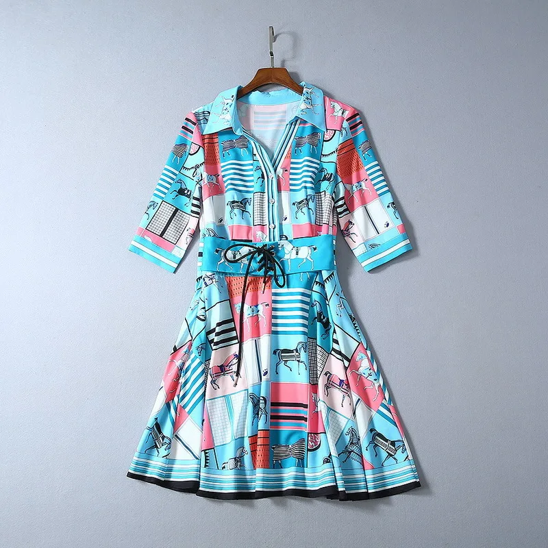 Европейская и американская женская летняя коллекция года, Новое Стильное модное платье с отворотами в полоску и принтом лошади