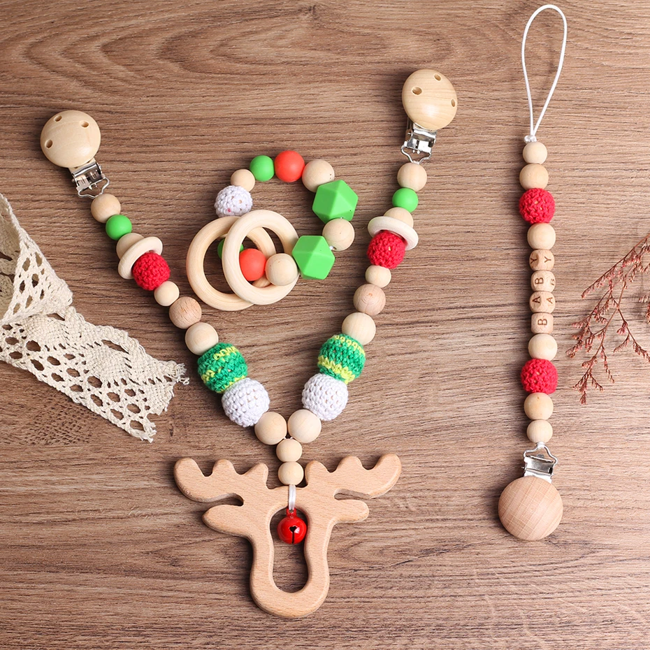 Деревянные игрушки для малышей, Рождественская Соска с лосем, зажимы для соски, держатель для соски, силиконовые бусины, фиксатор для малышей, сделай сам, игрушки для детских колясок