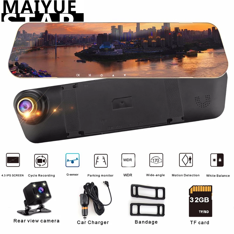 Maiyue star 4,3 дюймов ips full FHD 1080P dvr двойной объектив видео регистрационный кулачок машины камера регистратор циклическая запись