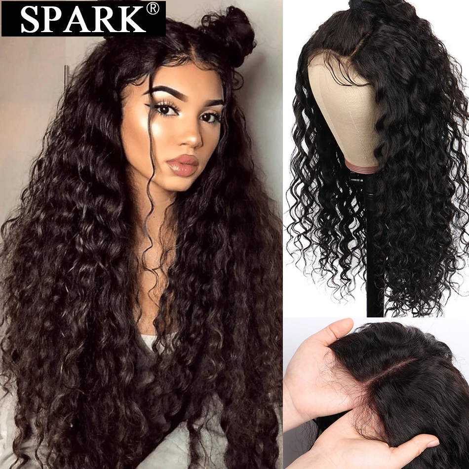 SPARK 4x4 Lace Closure Water Wave Human Hair Wigs 28 30 inch 250% Density With Baby Hair Natural Black HD 13X4 Lace Frontal Wig