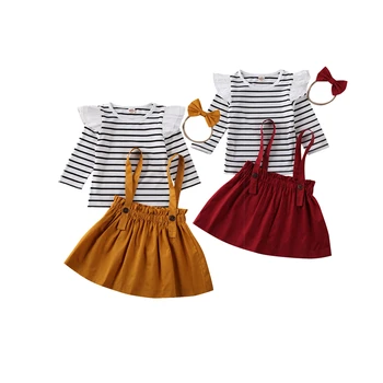

3pcs Set Learn To Walk Children Baby Girl Clothes Fold T Shirt Jacket + Bib Dress Suit Suit 0-6 Years