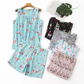 

New Cartoon Cute Vest Shorts Pajamas Plus Size Pyjamas 100% Cotton Women's Summer Plus Fat Loungewear Sleepwear Shorts Pijama
