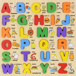 Desenhos animados coloridos letras maiúsculas quebra cabeça de madeira crianças educação precoce quebra cabeça letras tridimensional