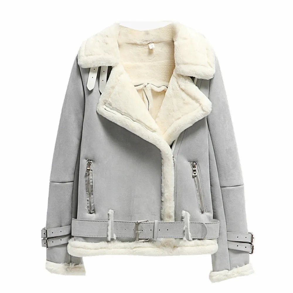Зимняя Толстая замшевая Женская куртка на молнии, мотоциклетное замшевое кожаное пальто, женское теплое пальто из овечьей шерсти