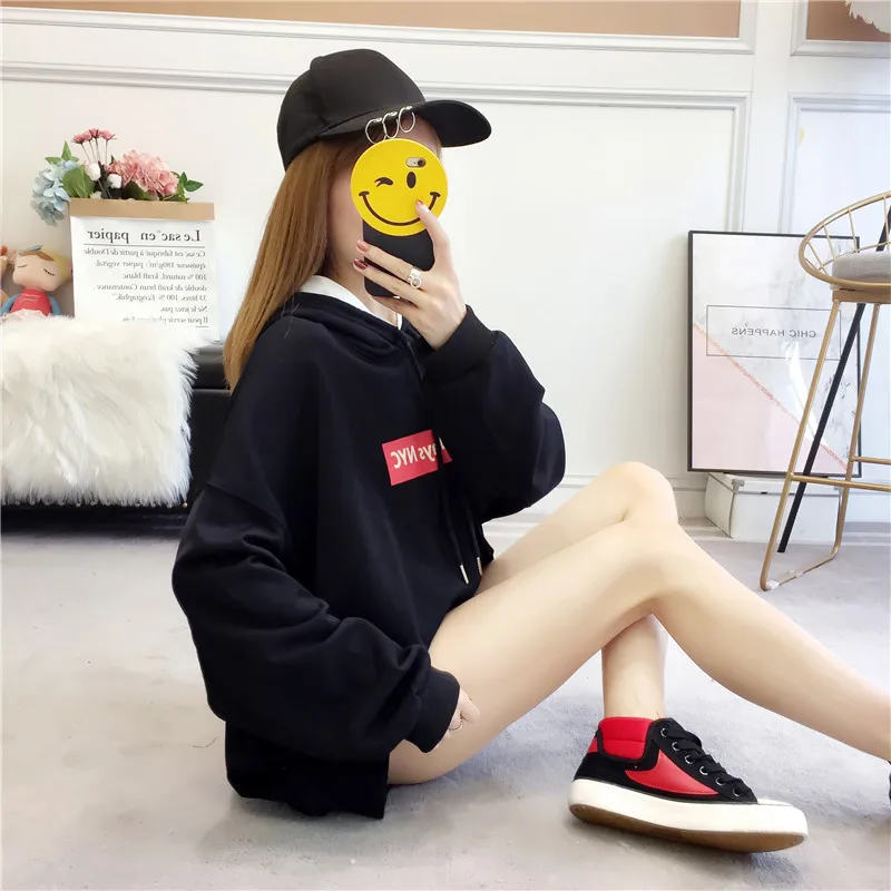 Осень зима мода сплошной цвет Harajuku лотос черный красный пуловер толстые свободные женские толстовки свитшоты Женские повседневные