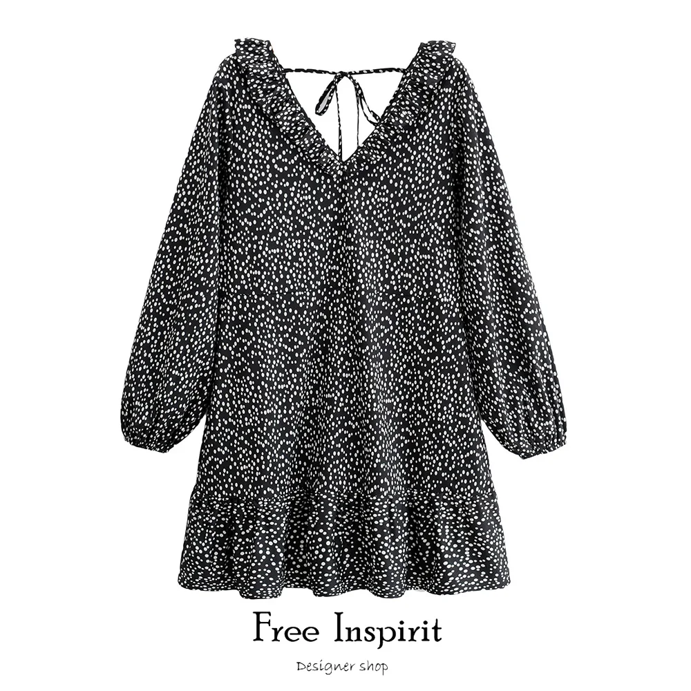 

Free Inspirit New Arrival Preppy Style A-line Dot Pattern Long Sleeve Women's Ruffled Collar Above Knee Dress