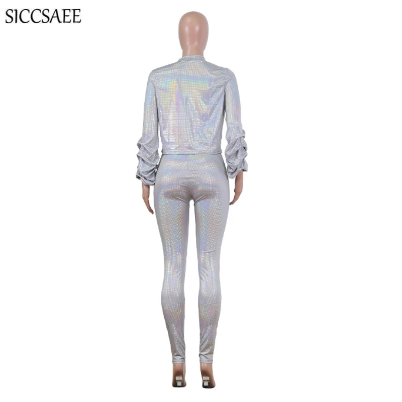 Silver Gold Foil Printing Two Piece Set Strapless Bodycon Bandage Jumpsuit Pants Sparkly Puff Sleeve Cardigan Glitter Outfits