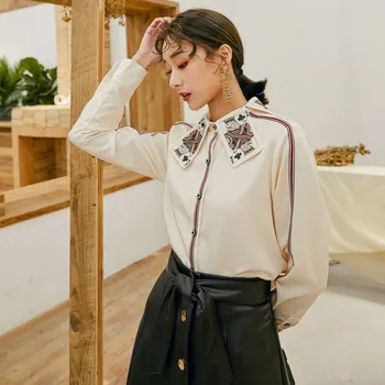 

women poker print collar shirts button up designer Runway tops long sleeve femme clothing women office lady blouse