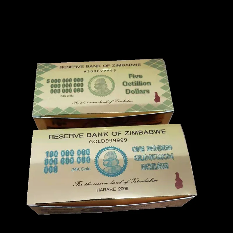 10pcs Zimbabwe Banknotes One Hundred Quintillion Dollars Gold Fake Banknotes