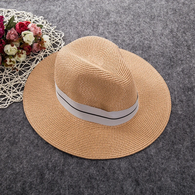 Панама шляпа летняя Солнцезащитная шляпа для женщин Мужская пляжная соломенная шляпа для мужчин Кепка для защиты от ультрафиолета femme ковбойские широкие поля, из соломы Кепка - Цвет: Светло-коричневый