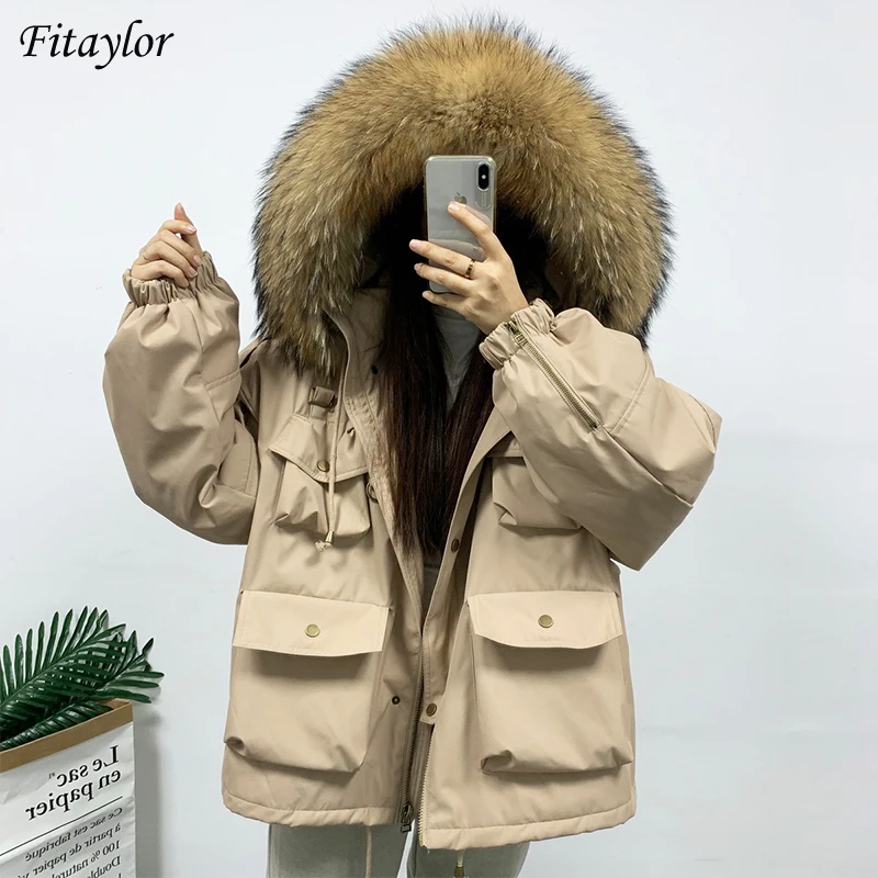 Fitaylor Large Natural Raccoon Fur Hooded Down