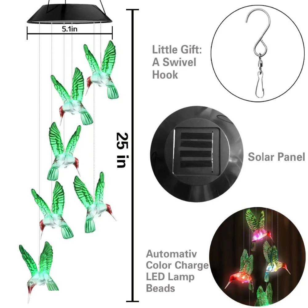 Светодиодный колокольчик на солнечной батарее, прозрачный колокольчик с изображением Колибри, меняющий цвет, водонепроницаемый, для сада, вечерние, для декора двора