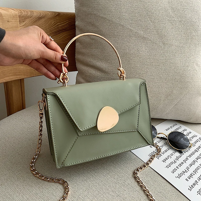 Contrast Color PU Leather Crossbody Bags For Women Chain Handbags with Metal Handle Shoulder Messenger Bag Small Totes - Цвет: green