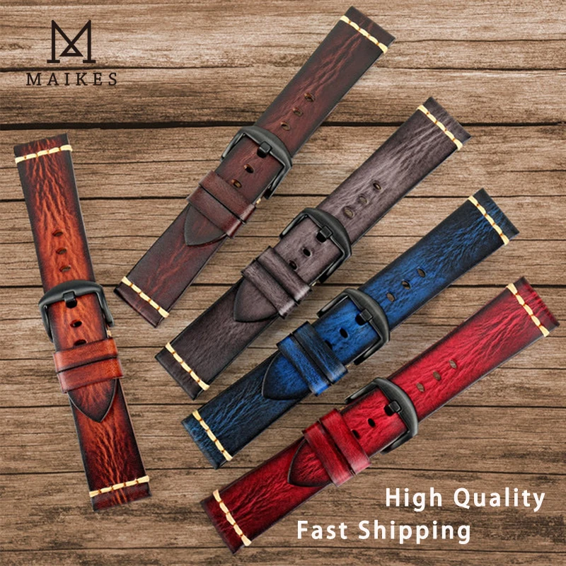 Maikes Genuine Leather Watchband for Galaxy Watch Strap 18mm 20mm 22mm 24mm Watch Band Tissote Timex Omega Wrist Bracelets