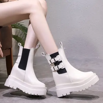 

Wedge Ankle Boots Women Shoes Height Increase Boots Metal Buckle Boots Chunky Platform Chelsea Boots Black Beige Botas Mujer