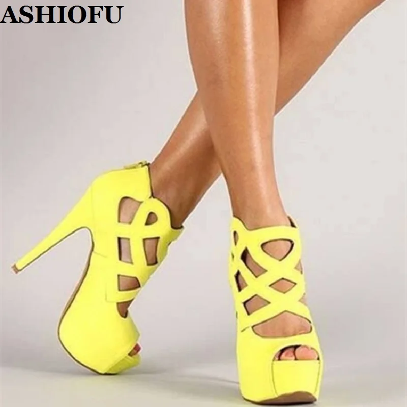 

ASHIOFU New Arrival Ladies High Heel Sandals Cut-out Peep-toe Sexy Party Prom Shoes Platform Stiletto Evening Dance Sandals