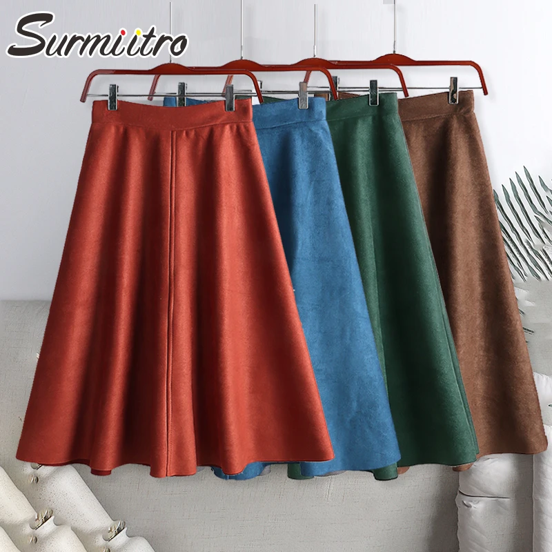 SURMIITRO 2021 Fashion Autumn Winter Suede Velvet Midi Skirt Women Korean Style Red Mid-Length High Waist A Line Female | Женская одежда
