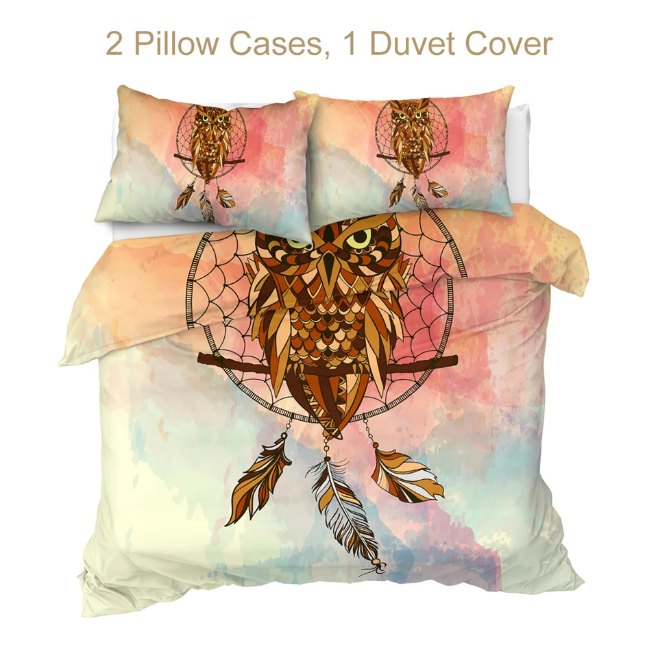 BeddingOutlet Owl Bedding Set Dreamcatcher Quilt Cover with Pillowcases Watercolor Boho Home Bedclothes Bohemia Bedspreads 3pcs
