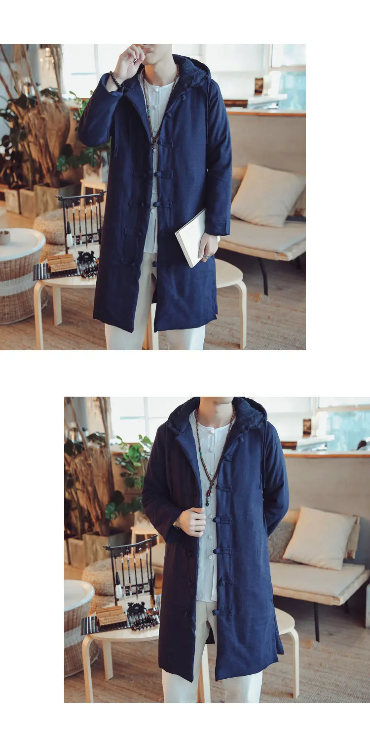 Winter New Style Cotton Linen Retro Frog Hooded Cotton-padded Clothes Men's Middle Long Coat