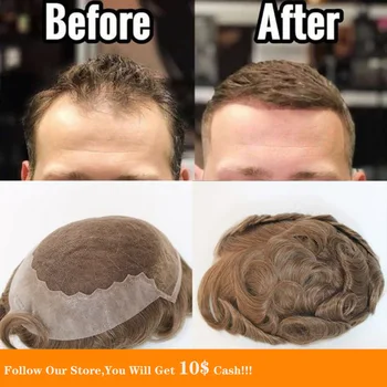 

BYMC Lace & PU Super Soft Toupee For Men Human Hair 6x8 inch Skin Cap Blonde Base Single Knotted Natural Wave Men's Replacement