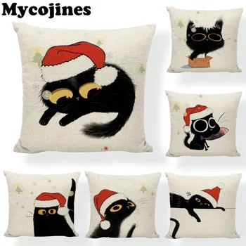 

Promotion Black Cat Christmas Pillowcase Christmas Hat Christmas Tree Carton Fish Sofa Bedroom Car Decoration Cushion Cover
