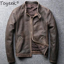 Chaqueta Tcyeek de invierno y otoño de cuero auténtico para hombres, abrigo de pelo auténtico de oveja para hombre, chaqueta de motociclista Vintage de cuero de vaca 805