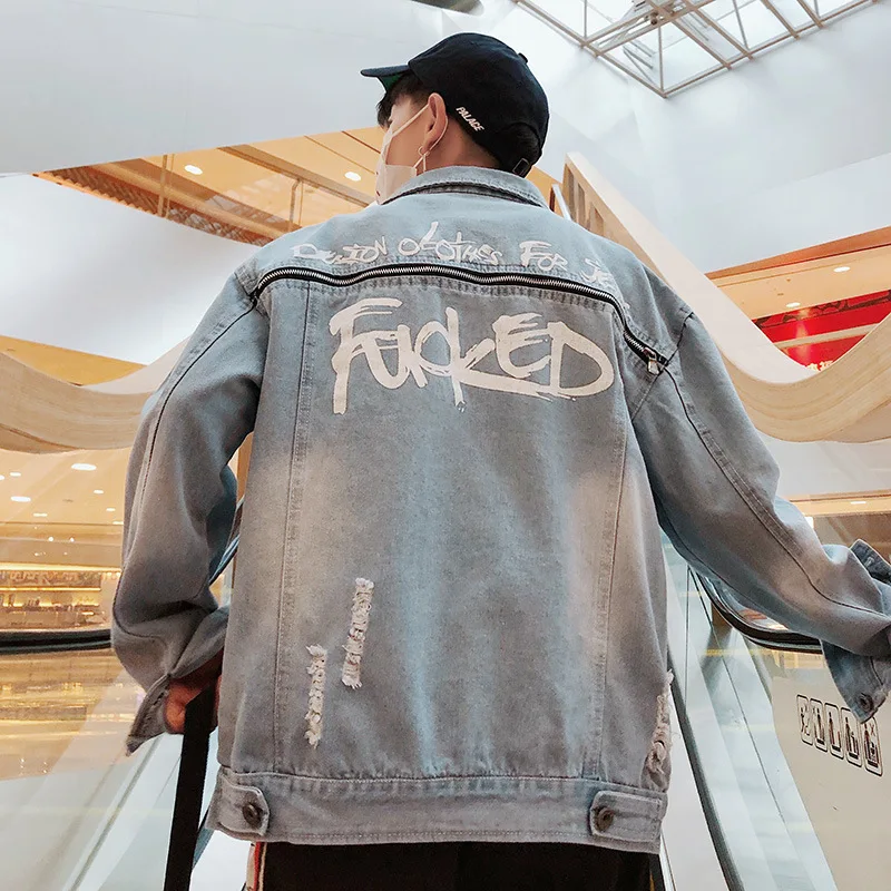 

2019 Spring New Style Hong Kong Style Students Washing with Holes Denim Jacket Versatile Youth Printed Loose-Fit Coat Men's Fash