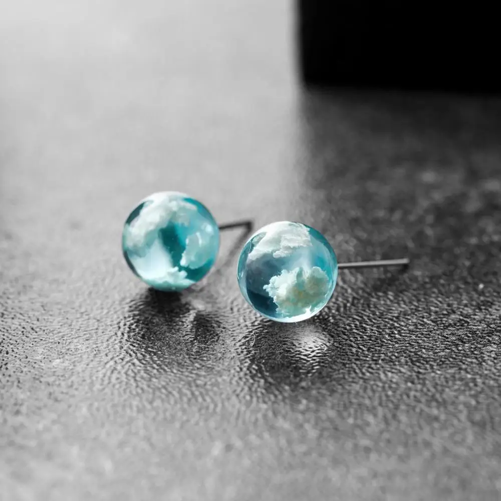 Creative Handmade Resin Earring Transparent Round Ball Blue Sky White Cloud Stud Bohemian Ladies Funny Jewelry | Украшения и