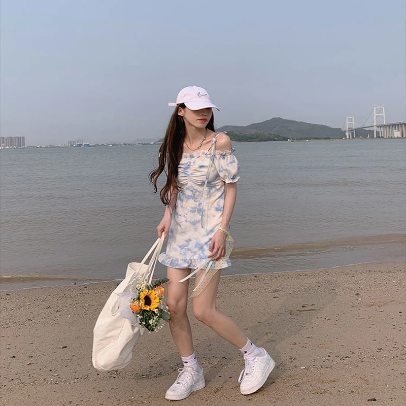 

Soft Wind Floral Dress Women's 2021 Summer Sexy Mini Beach Casual New Pure Tie Dye Corset High Waist Slim Short Suspender Skirt