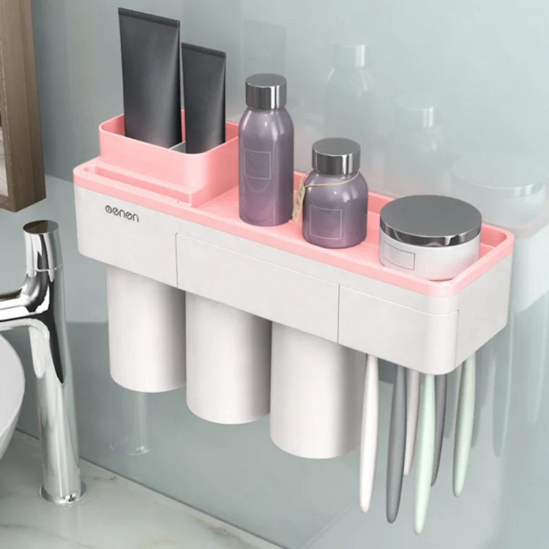 PINK3 Перевернутый держатель для зубных щеток, очищающее средство для макияжа, Магнитная Адсорбция, зубная паста, для хранения в ванной комнате, настенный набор для ванной комнаты, новинка x - Цвет: PINK3