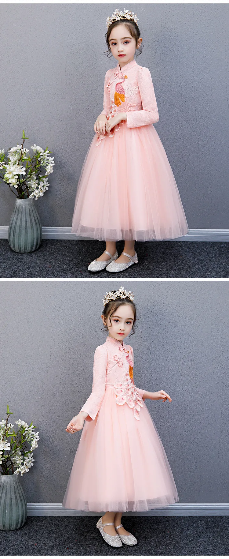 Детское длинное платье в китайском стиле, красного и розового цвета в китайском стиле с вышивкой платья Сетчатое многослойное платье принцессы вечерние свадебное элегантное вечернее платье