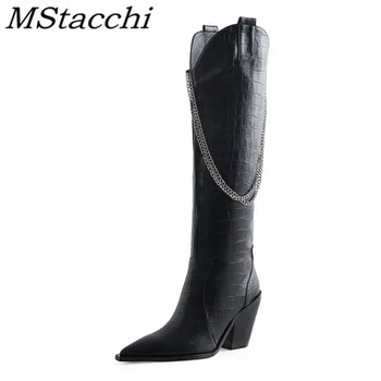 

Mstacchi Chain Decoration Black Crocodile Print Women Long Boots Pointed Genuine Leather Rome Sexy Female Shoes Scarpe Da Donna