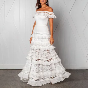 

White Sexy Off Shoulder Party Long Dress Elegant Tiered Ruffles Lace Hollow Summer Beach Dress Women Holiday Sundress Fashion