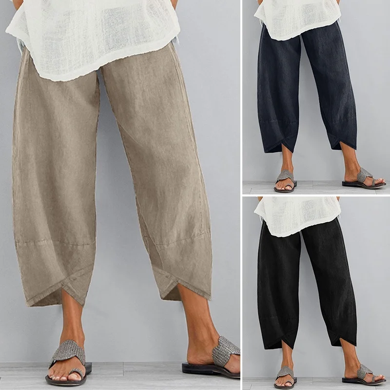 Summer Women Cotton Linen Pants Elastic Waist Solid Color Pocket Trousers Wide Leg Casual Loose Beach Cropped Capris Plus Size Summer Women Cotton Linen Pants Elastic Waist Solid Color Pocket Trousers Wide Leg Casual Loose Beach Cropped Capris Plus Size