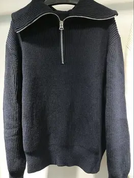 

Women's Solid Color Knitted Sweater Casual Large Lapel Half Zipper Knitwear Top