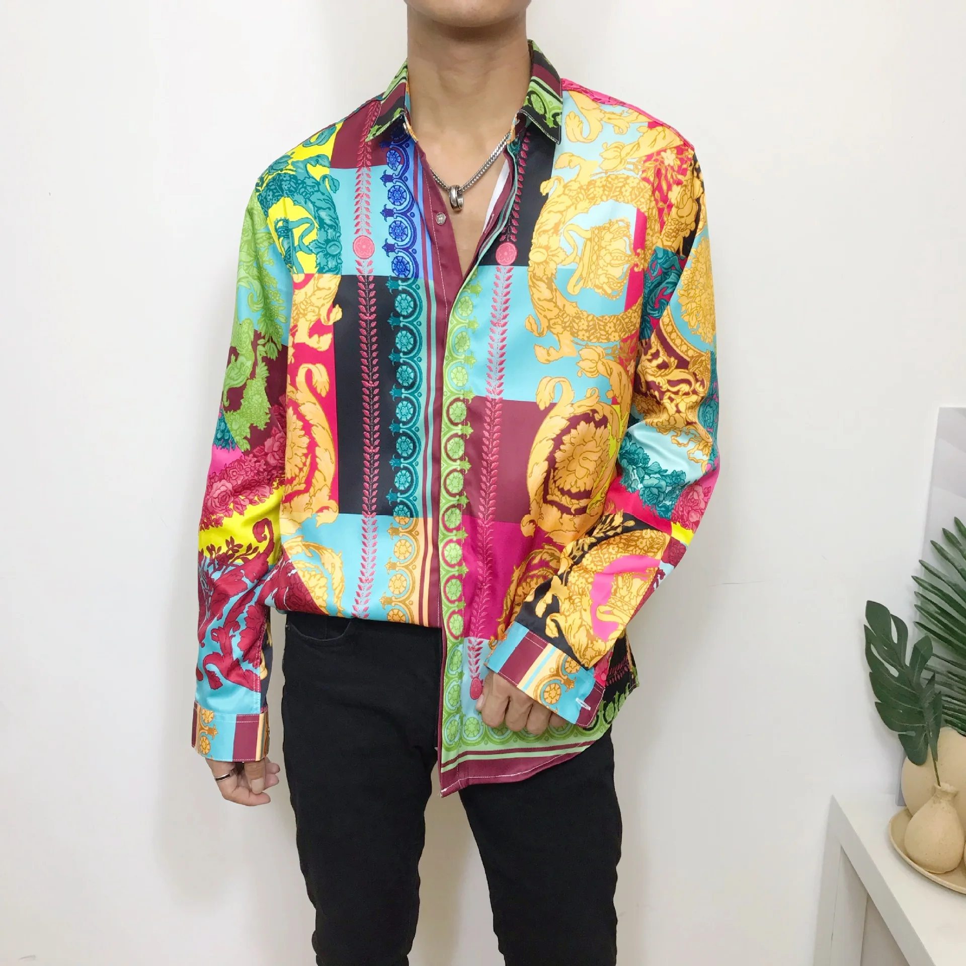 New Mens Fancy Shirts Colorful Flower Print Tuxedo Long Sleeve Luxury Crown Wedding Party Club Prom Floral Dress | Мужская одежда