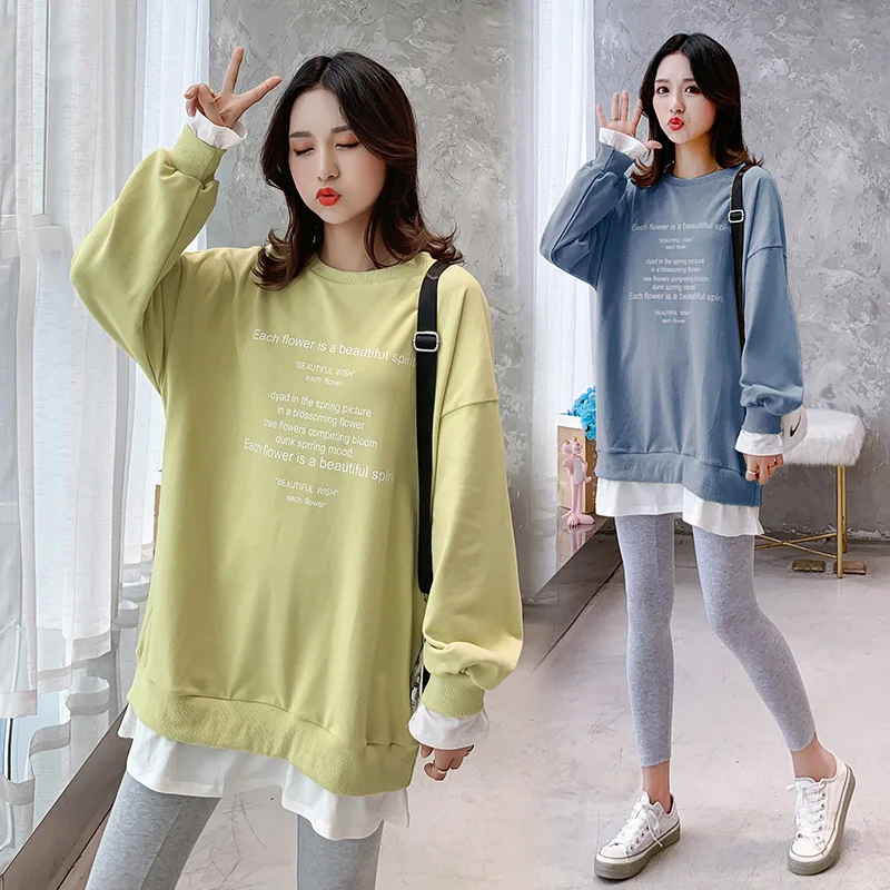 

Maternity Clothes 2019 Autumn And Winter New Style Mock Two-Piece Printed Lettered Loose-Fit Mid-length Maternity Top Hoodie