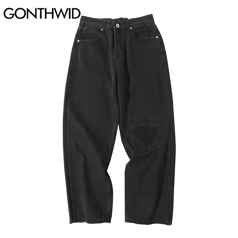 

Hip Hop Baggy Denim Pants Streetwear Heart Patchwork Black Jeans Mens 2023 Harajuku Casual Loose Elastic Waist Trousers