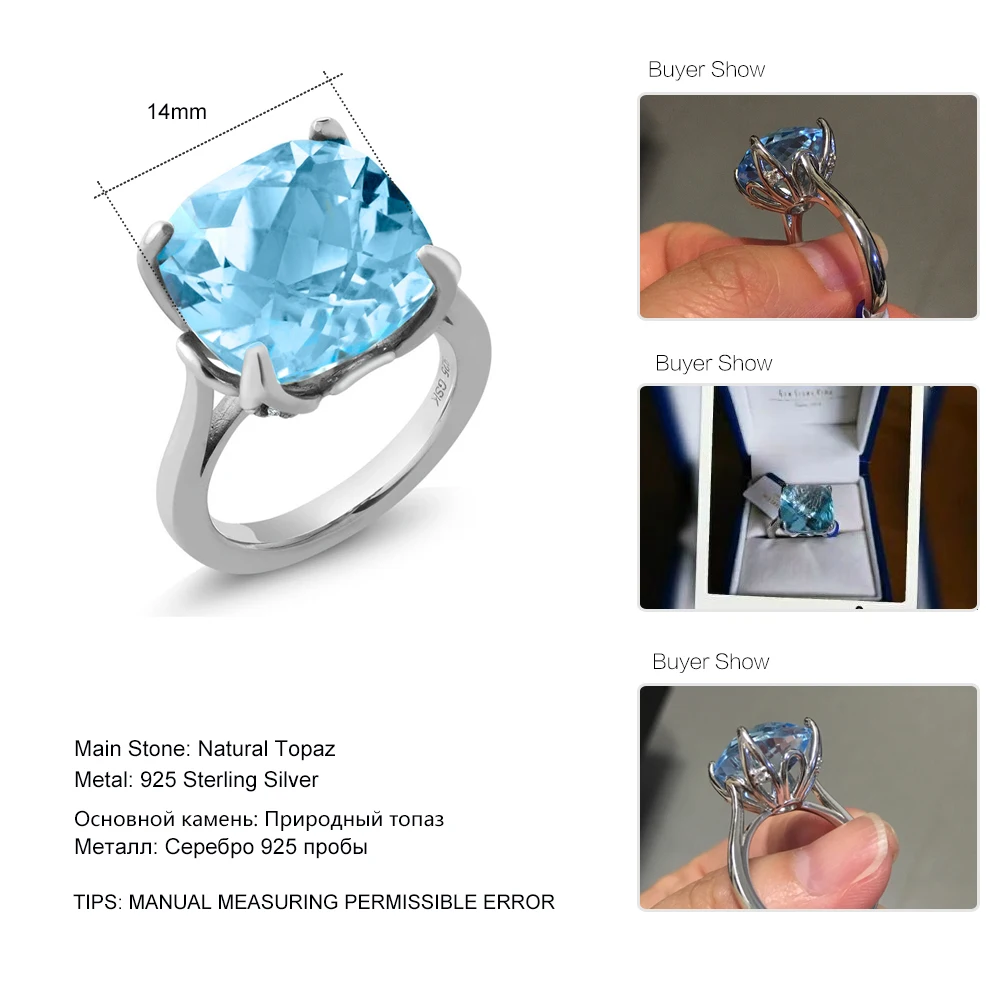 GemStoneKing 9,18 Ct подушка шахматная доска натуральный голубой топаз 925 пробы Серебряное обручальное кольцо для женщин