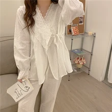 Korean Autumn Lace Elegant Pure Color Cotton 2021 Pajamas Women Cotton Sweet Palace Style Pajamas Set Night Home Clothes L712
