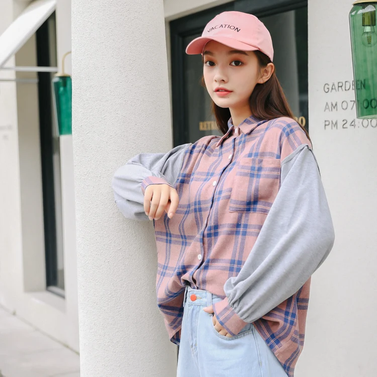 Женские летние рубашки Kawaii Ulzzang, милая Свободная рубашка в клетку, Женская милая Туника Harajuku, милый Топ для женщин