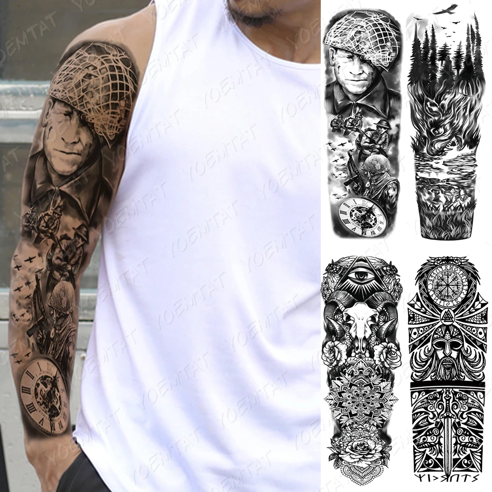 

Waterproof Temporary Large Arm Sleeve Tattoo Stickers War Soldier Knife Gun Clock Flash Tattoos Male Body Art Fake Tatto Women