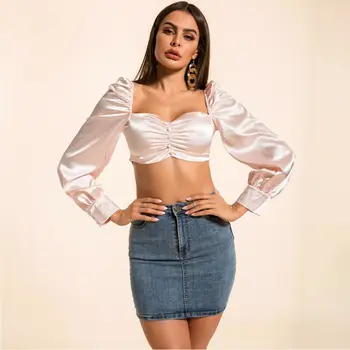 

Sexy Women Long Puff Sleeve Blouse New Brand Tops Button Tee Fashion Ladies Short Blouses Slim Fit Top Clothes