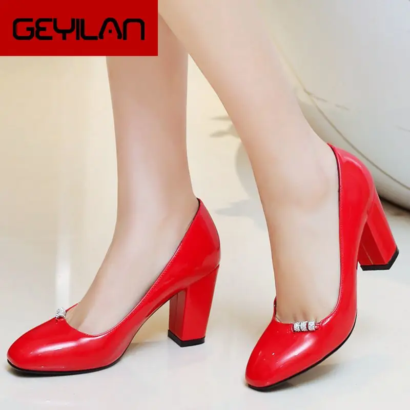 

2019Spring Autumn Women Patent Leather Pumps Square High Heels Slip On Dress Shoes Black Red Apricot