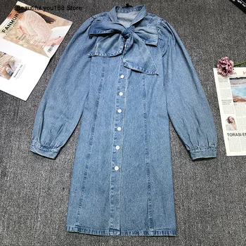 

lace-up 2020 design Spring French collar long-sleeved waist-closed denim dress line dress fashion
