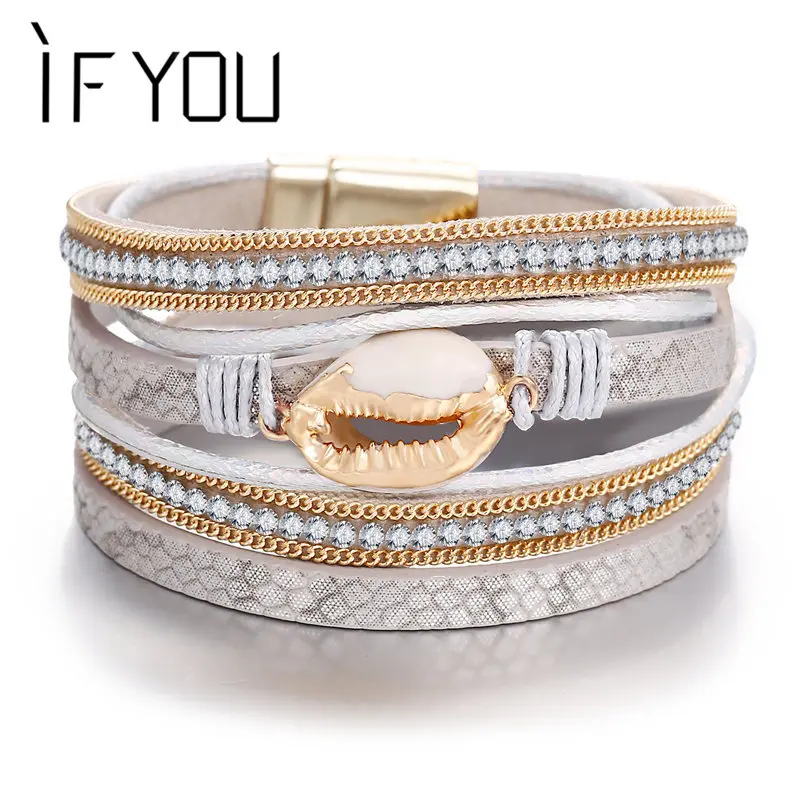 

IF YOU New Fashion Crystal Shell Multilayer Leather Bracelet Bangles Woman Vintage Eye Wrap Charm Bracelets Jewelry 2019