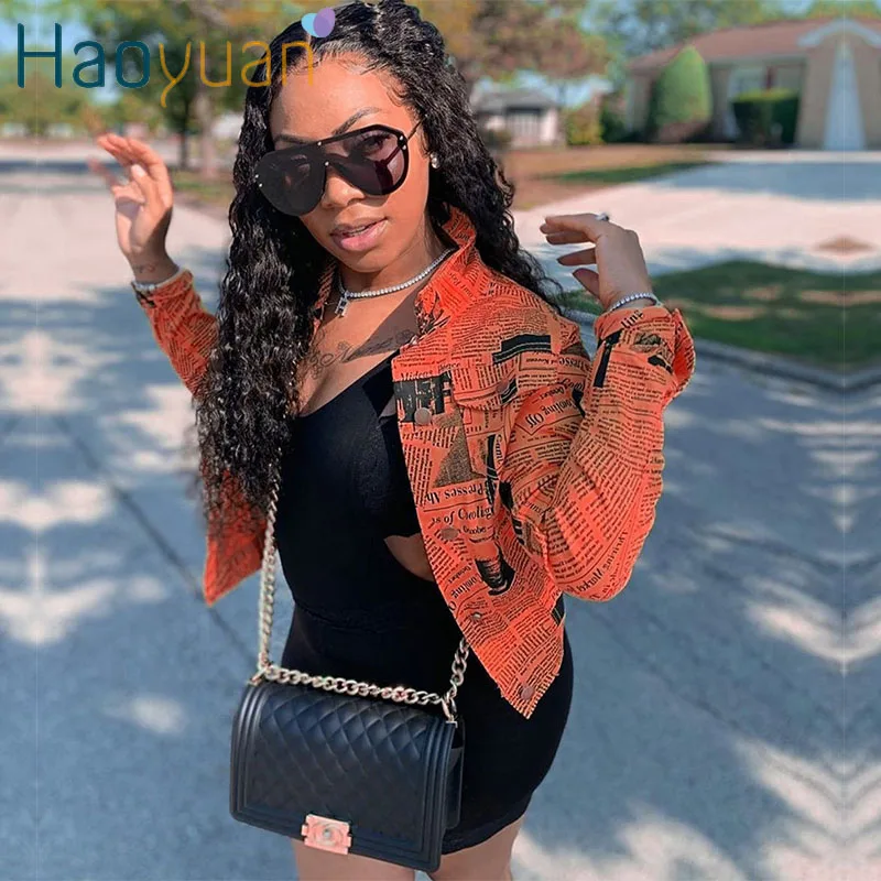 awesome HAOYUAN Newspaper Print Coat Women Long Sleeve Turn Down Collar Button Loose Short Jacket Fall Stre