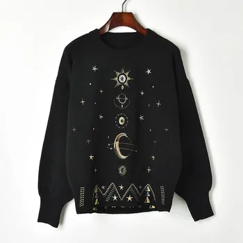 

2019 New embroidered cosmic star loose knitted womens sweater for ladies .Fashionable round neck high grade knit women sweaters