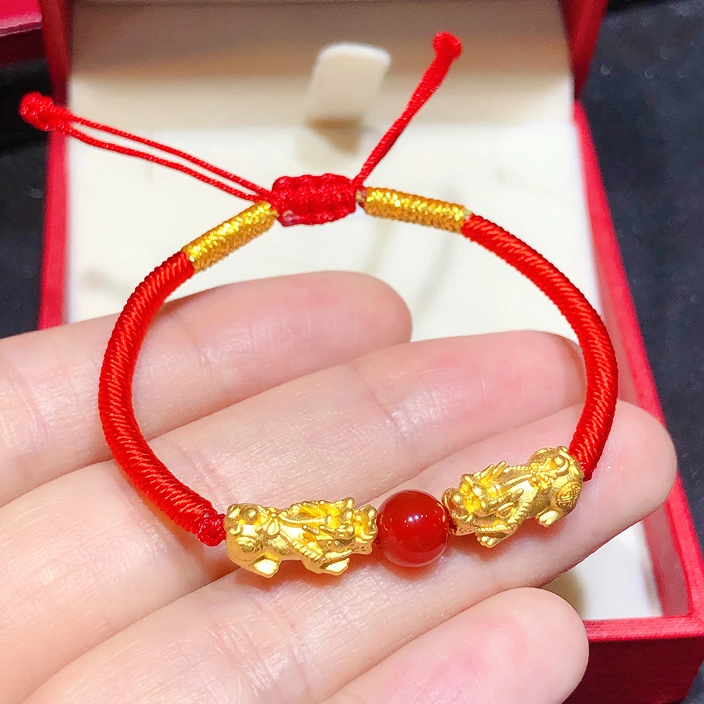 New Solid 24K Yellow Gold Wealth Pixiu Bead Red Knitted Bracelet 16cm 